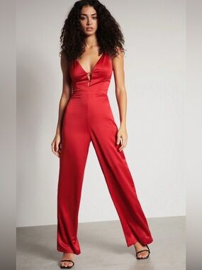 NWOT- Dynamite Red Satin Wide-Leg Jumpsuit